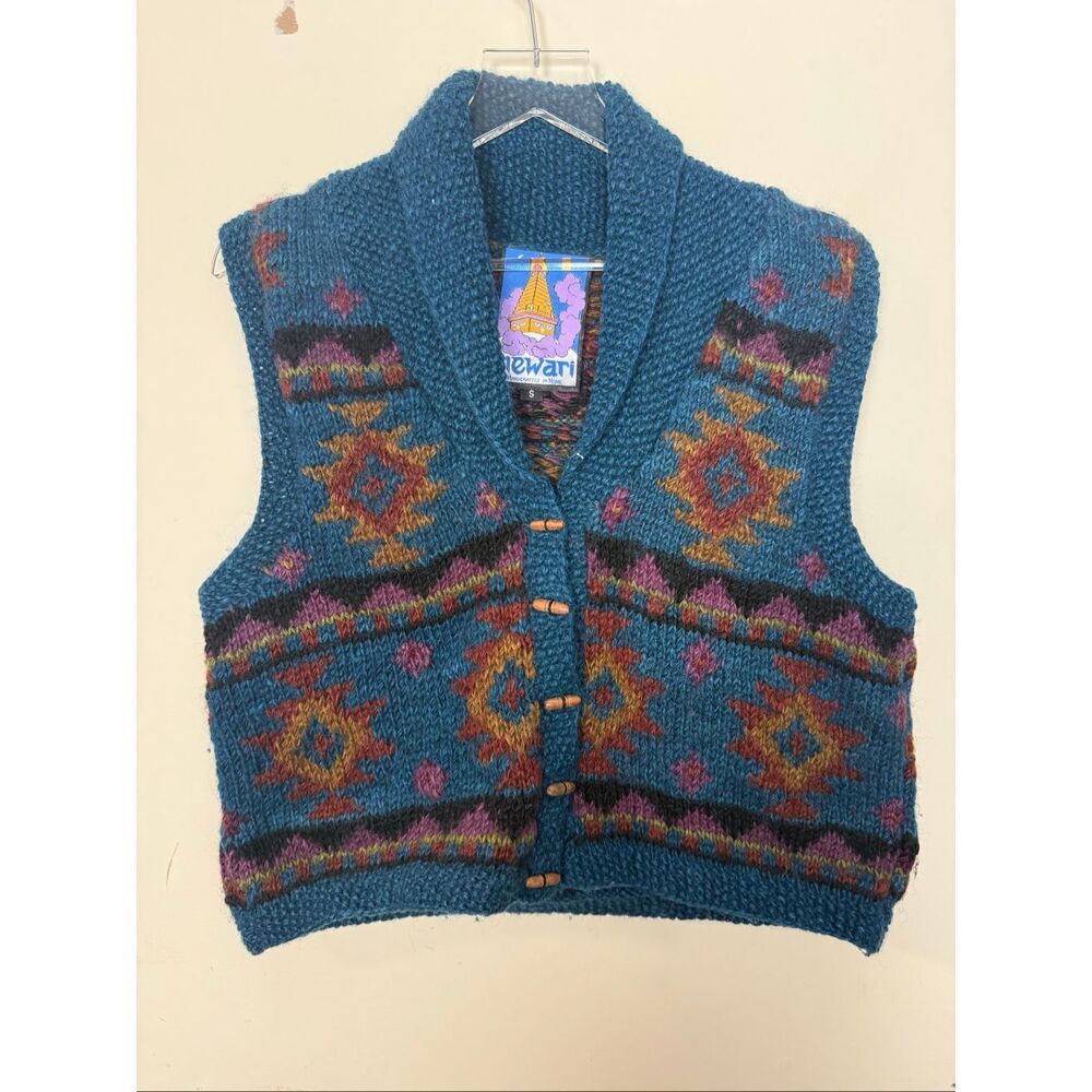 Newari 100% Wool Teal Southwestern Vest Vintage 1993 Handcrafted Chunky Boho Azt